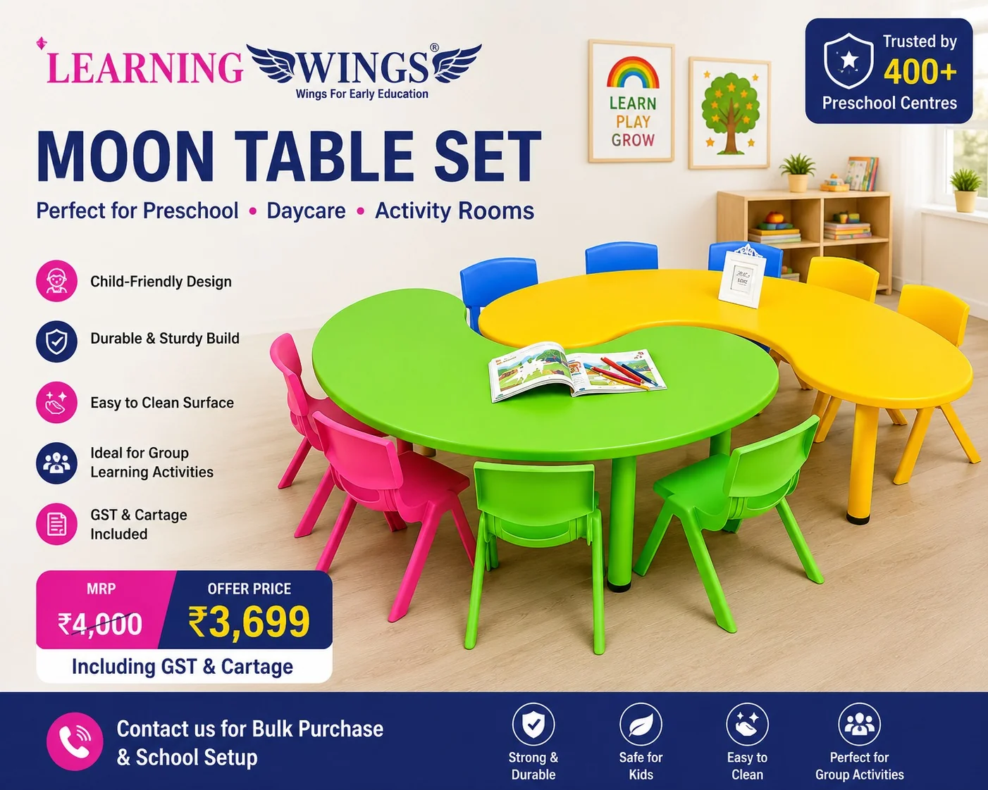 Learning Wings Moon Table for Kids | Preschool Activity Table | Daycare & Classroom Furniture | Child-Friendly Study & Play Table